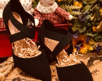 Women country girl dress shoes black velvet with elastic cross detail 3 inches high heel lightweight comfort shoes medium width