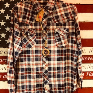 Vintage women flannel red white blue shirts size M patriots outfit Americana country