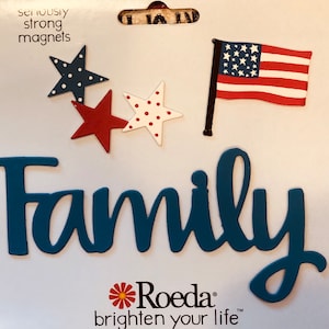 May include: A blue and white star, a red and white star, and a red, white, and blue American flag are arranged around the word "Family" in blue. The word "Roeda" is below the word "Family" with the tagline "brighten your life".
