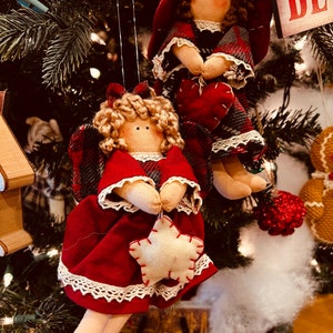Christmas Angel doll ornament with plaid skirt lace detail 2 assorted sets