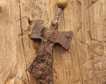 Intricately Carved Lignum Vitae Rosary | Tau Cross Design | Aromatic Sunlight-Reactive Wood | Personalized Catholic Gift