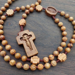 Wooden rosary-Olive wood rosary- Carved rose beads-Catholic rosary men-Baptism gift-Freeshipping in USA-Free engraving of the baptismal name