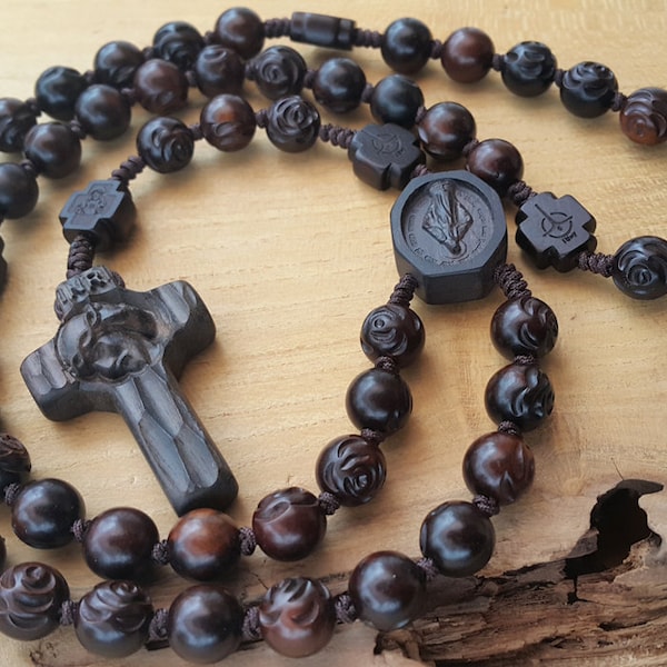 Wooden Rosary-Beads carved with roses-5decade rosary-Baptism rosary-rosary for first communion-Free Engraving-Free shipping in USA