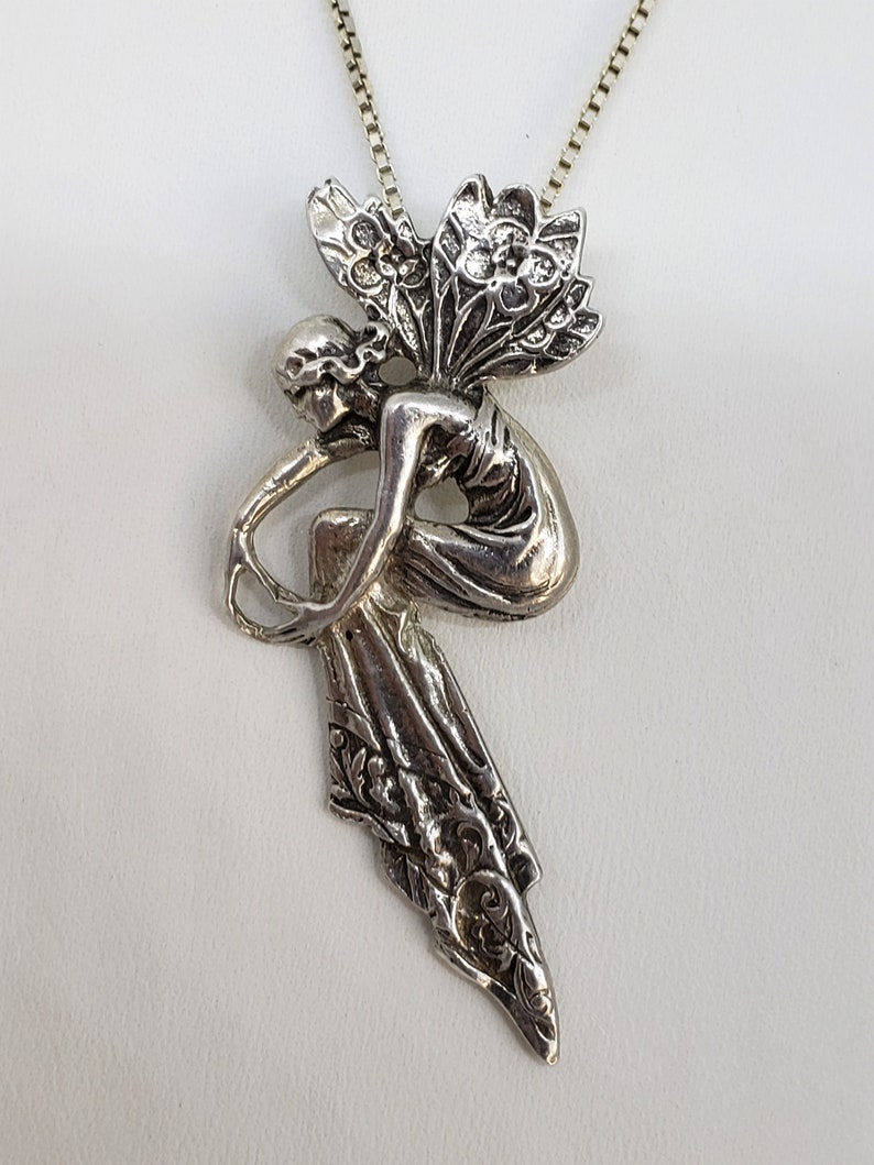 Art Nouveau Sterling Silver Lady Fairy Floral Pendant Necklace Etsy