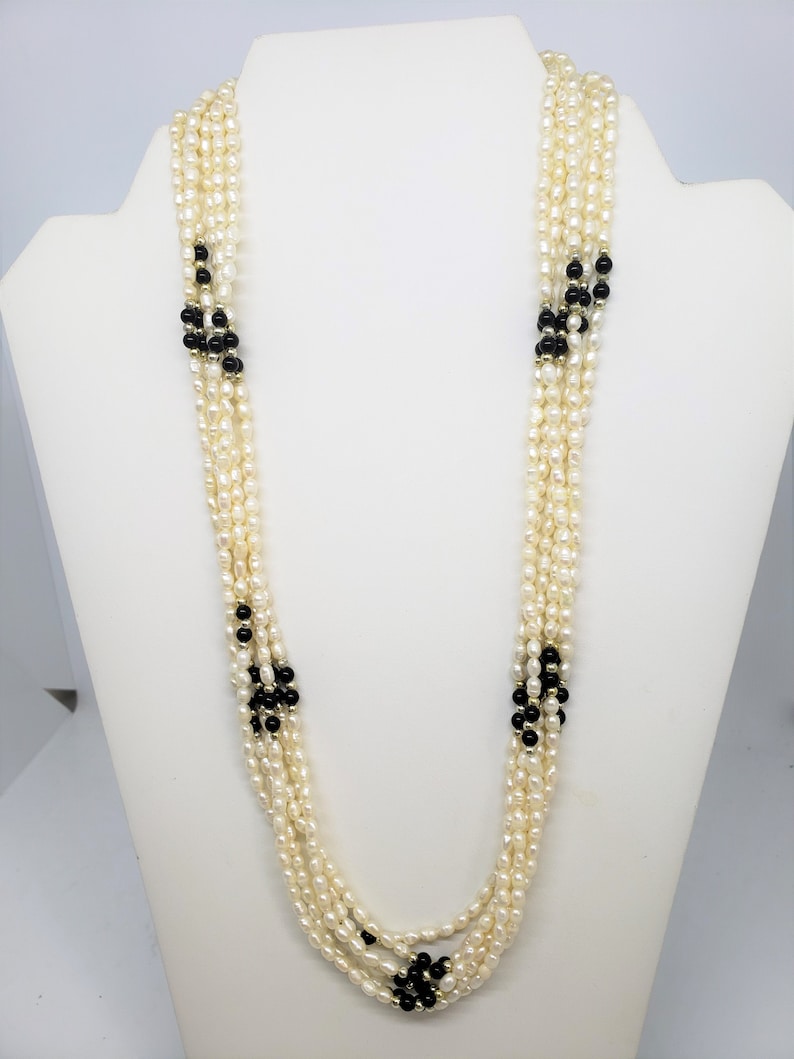Freshwater Rice Pearl Six Strand Necklace High Luster Sterling Silver Clasp, Onyx Beads