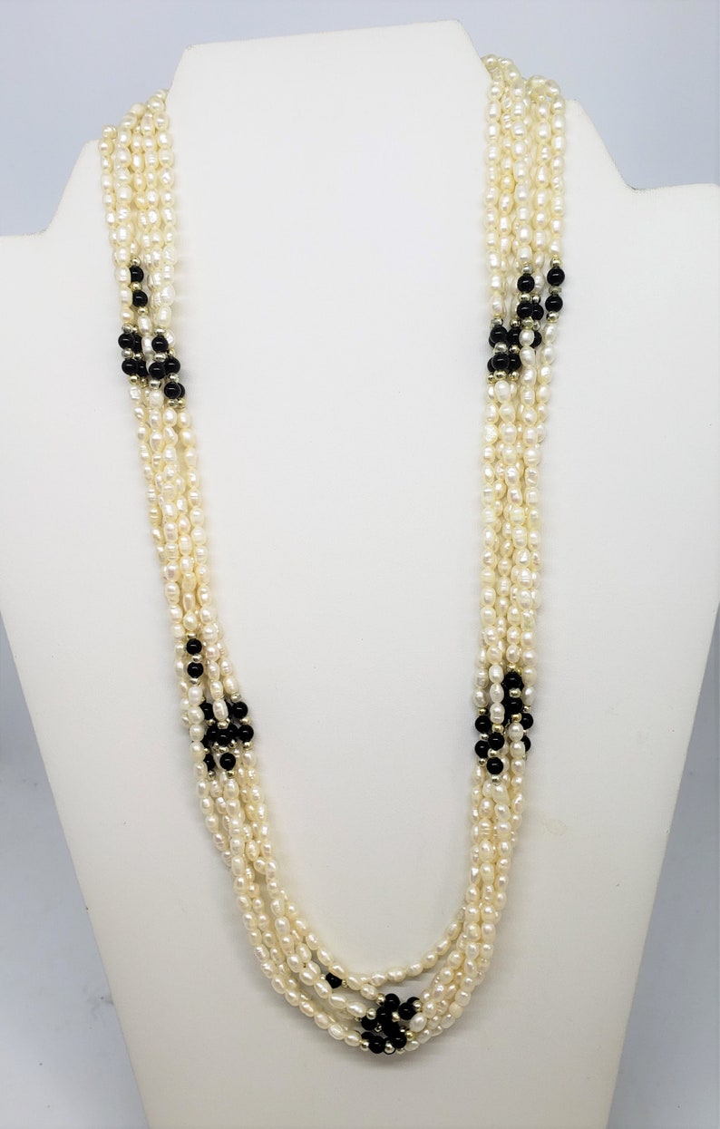Freshwater Rice Pearl Six Strand Necklace High Luster Sterling Silver Clasp, Onyx Beads