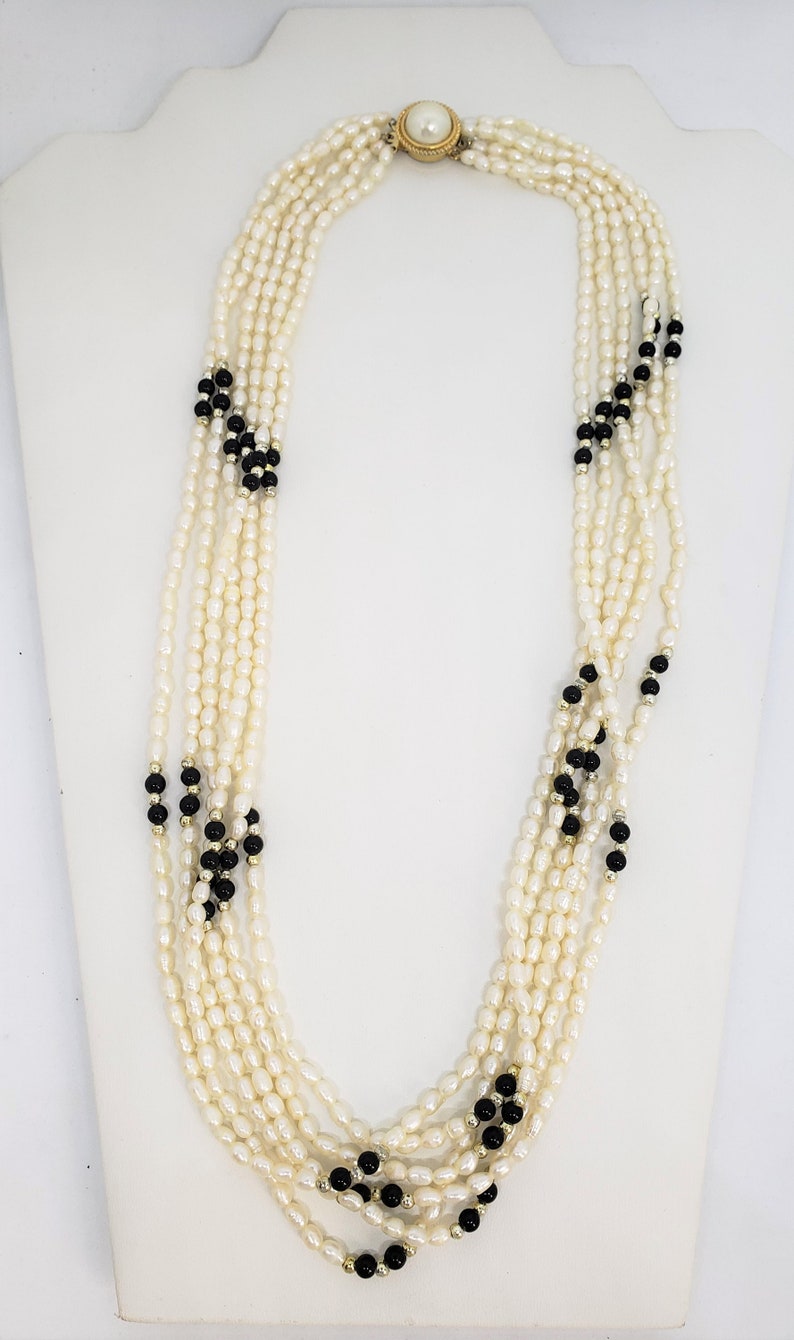 Freshwater Rice Pearl Six Strand Necklace High Luster Sterling Silver Clasp, Onyx Beads