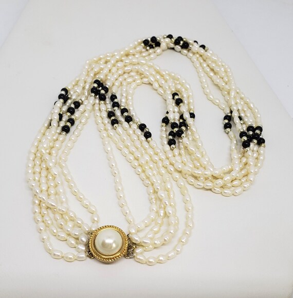 Freshwater Rice Pearl Six Strand Necklace High Luster Sterling Silver Clasp, Onyx Beads