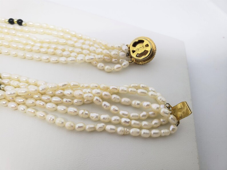 Freshwater Rice Pearl Six Strand Necklace High Luster Sterling Silver Clasp, Onyx Beads