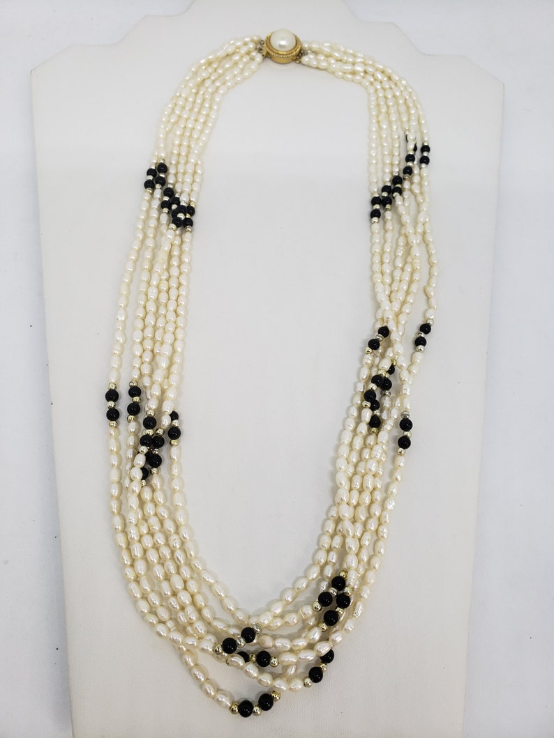 Freshwater Rice Pearl Six Strand Necklace High Luster Sterling Silver Clasp, Onyx Beads