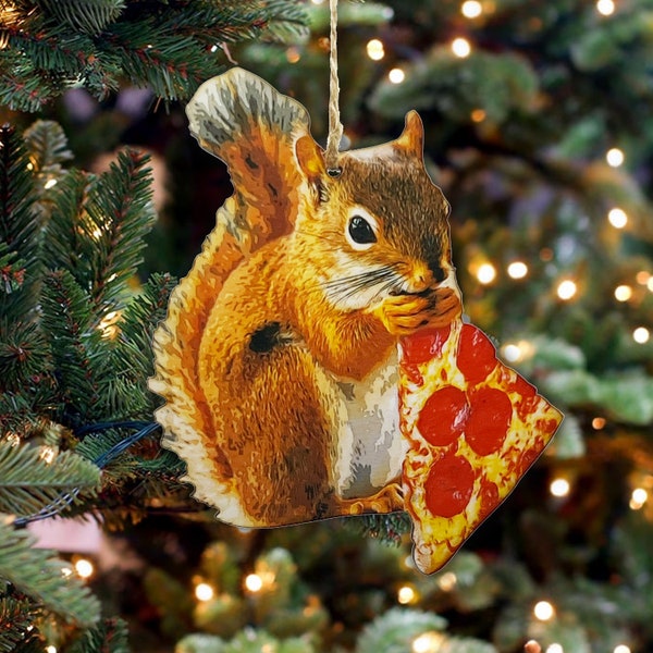 Squirrel Eating Pizza (Handmade Ornament)