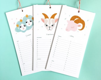 Perpetual Calendar / Birthday Calendar with Zodiac symbols