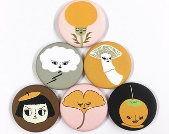 Cute Pinback Buttons / Unique illustrations button pack