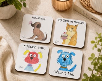 Aquarell-Untersetzer-Set mit Tiermotiven, 4er-Set, lustige Hunde- und Katzen-Getränkeuntersetzer, süßes Geschenk für Tierliebhaber, Mix-and-Match-Set