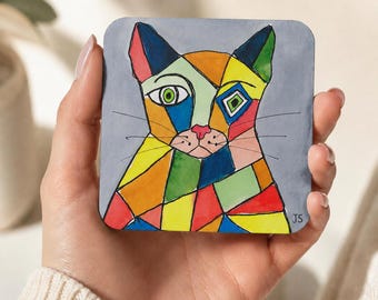 Künstlerische Geometrisch-Abstrakte Original Aquarell Katze Untersetzer, 4er-Set, Geschenk für Katzenliebhaber, Designer Wohnkultur