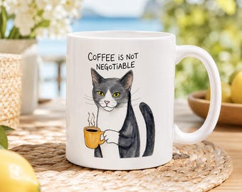 Aquarell Katzenbecher, Kaffee ist nicht verhandelbar Kaffeetasse, Original Kunst Geschenk für sie, lustige Katzenliebhaber Becher, Designer-Keramiktasse