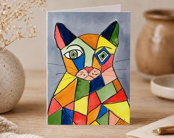 Aquarell Katze Grußkarte, künstlerisch geometrische Aquarell Katze Karte, Mini Kunstdruck Geschenk für sie, Katzenliebhaber Briefpapier