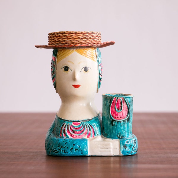 Vintage 1940's Small Figural Planter // Woman with Hat and Jar // Hand Painted - Turquoise, Pink, Cream