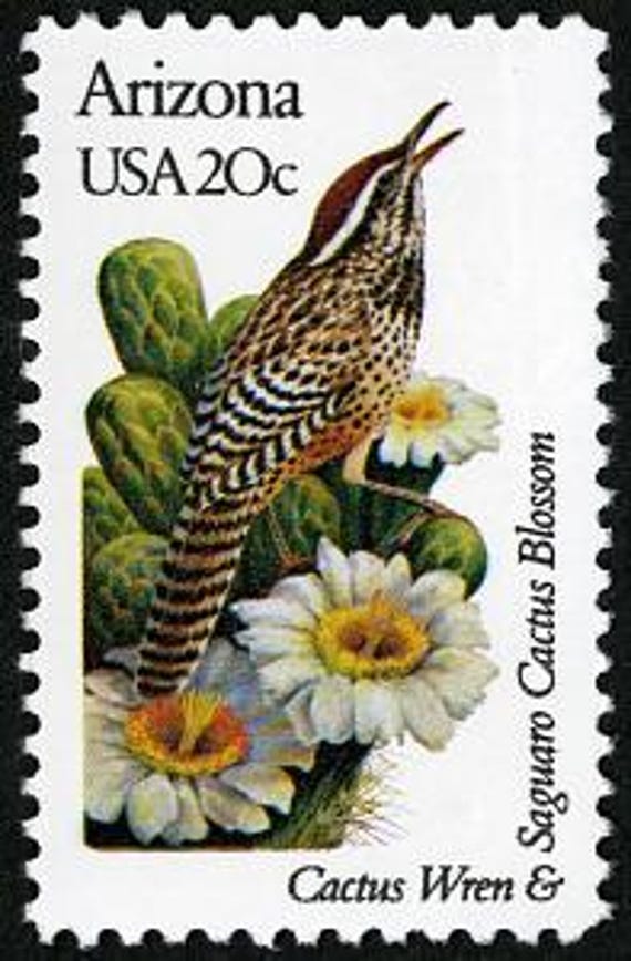 アリゾナ州立サボテンミソサザイ 鳥と花 1982年 20セント 未使用切手 6