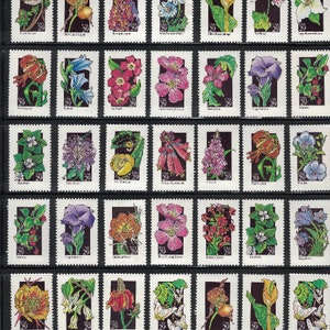 50 FLORES SILVESTRES, todas diferentes, sellos postales de 29 centavos de 1992 sin usar, envío gratis. Flores para invitaciones de boda. La fuente número uno de sellos antiguos