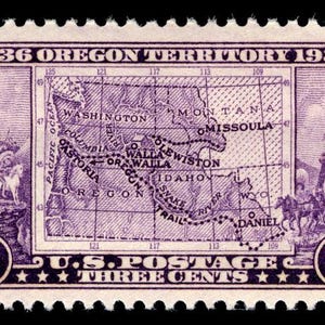 May include: A vintage U.S. postage stamp from 1936, celebrating the 1836 Oregon Territory. The purple stamp shows a map of the area, pioneer illustrations, and the text "U.S. POSTAGE THREE CENTS".