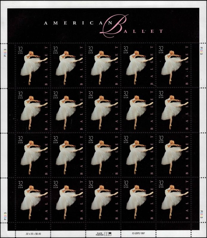 6x BALLET BALLERINA Dancing 1998 32c Black Unused Postage Stamp