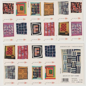 May include: A sheet of "American Treasures" stamps featuring colorful quilt designs from Gee's Bend. Each stamp showcases a unique geometric pattern in various colors, including red, blue, and orange. The stamps are self-adhesive and priced at $7.80.