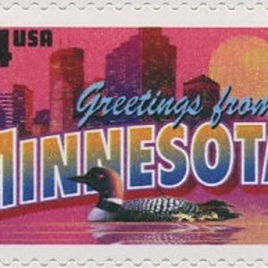May include: A pink and blue postcard featuring a cityscape and a loon swimming in a lake. The postcard reads "Greetings from Minnesota" and has a 34 cent stamp.