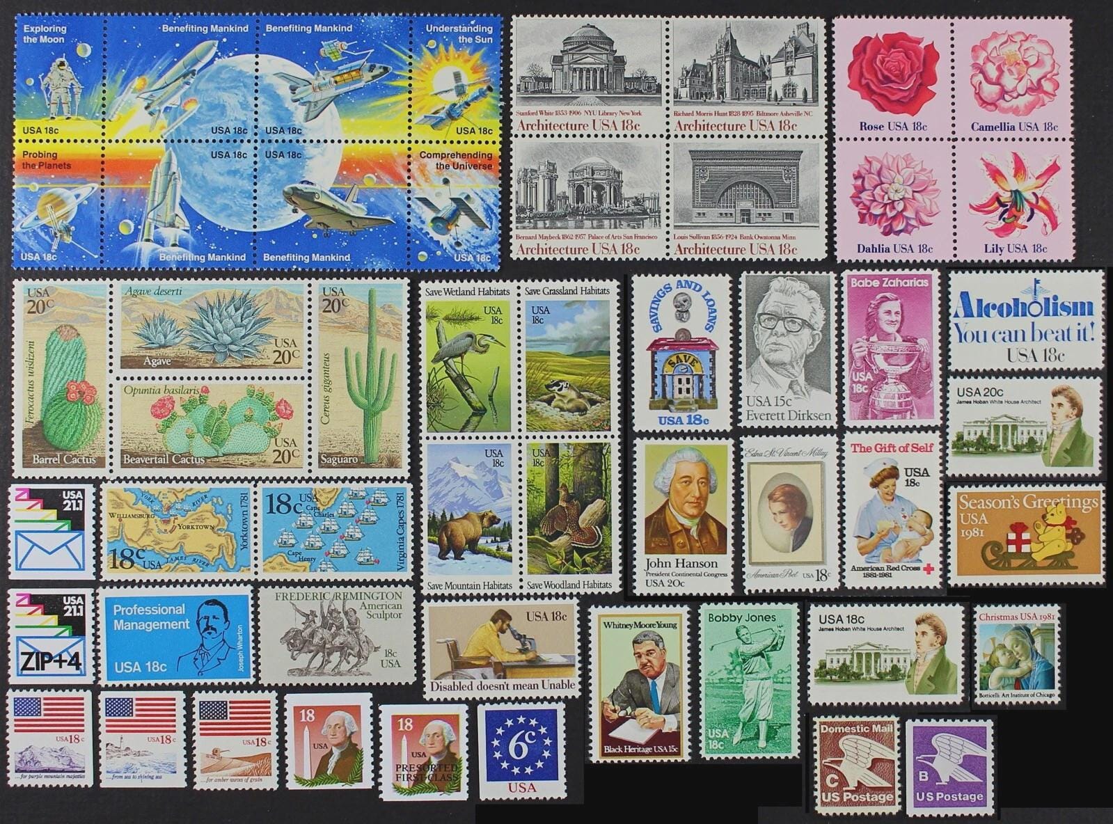 米国ビンテージ切手 米国1981年 未使用切手52種類 送料無料！ヴィンテージ切手の最安値No.1