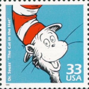 May include: A US postage stamp featuring a cartoon cat wearing a red and white striped hat. The cat's face is white with black whiskers and a wide, open mouth. The stamp is blue and has the text "Dr. Seuss "The Cat in the Hat" 33 USA" printed on it.