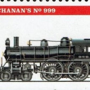 Puede incluir: Una locomotora de vapor negra vintage con ruedas rojas, etiquetada "Buchanan's No 999" y "1893 USA 29", en un sello postal blanco.