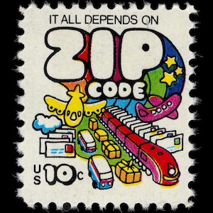 May include: A 10-cent US postage stamp with a colorful illustration of a train, airplane, and other vehicles. The stamp says "It all depends on ZIP CODE".