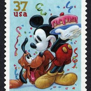 May include: A vintage 37 cent US postage stamp featuring Mickey Mouse and Pluto celebrating with a birthday cake and confetti.