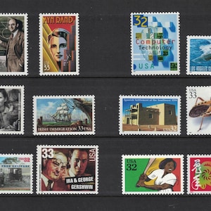 May include: A collection of twelve rectangular postage stamps arranged in three rows on a black background. The stamps feature various designs including portraits of historical figures, a submarine, a sailing ship, an insect, and a rabbit illustration.