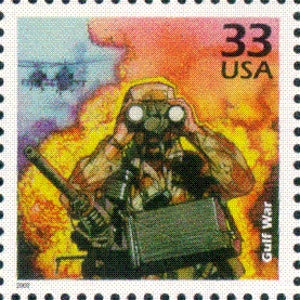May include: A postage stamp featuring a soldier wearing a gas mask and looking through binoculars. The soldier is holding a rifle and is standing in front of a fiery explosion. The stamp is labelled "Gulf War" and "33 USA".
