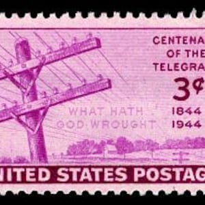 May include: A vintage 3-cent postage stamp commemorating the 100th anniversary of the telegraph. The stamp features a purple illustration of a telegraph pole with wires, a farmhouse in the distance, and the text "What hath God wrought" and "Centenary of the Telegraph 1844 1944".