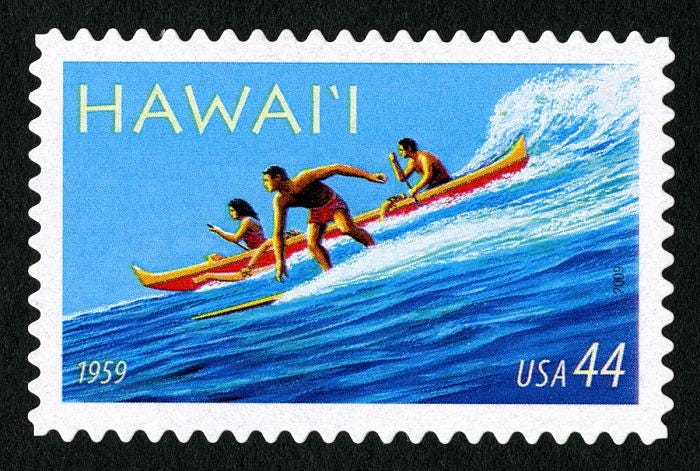 Hawaii’s 50th Anniversary Special Stamp 4x HAWAII STATEHOOD 50th Anniversary Surfer Aloha Mahalo 44c