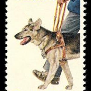 May include: A vintage US postage stamp featuring a German Shepherd dog wearing a harness and guiding a person with a cane. The stamp is blue and white with the text "USA 15c" and "Seeing For Me".