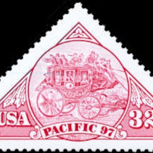 May include: A vintage USA postage stamp with a red and white design. The stamp features a stagecoach with passengers inside a circular frame, with the text "USA" and "PACIFIC 97" visible. The stamp is triangular with a "32" value.