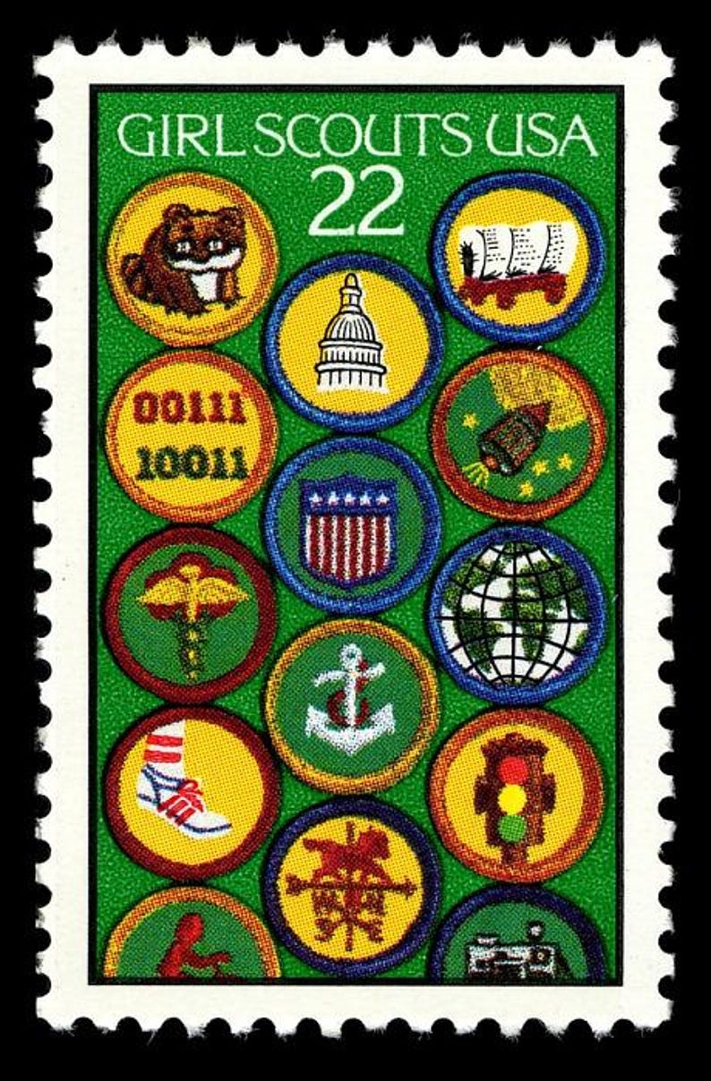 10 insignias Scouts de Girl Scouts, sin usar, 1987, sello postal verde de 22 centavos. ¡Envío gratis! n.° 1 en sellos antiguos. Los mejores precios. imagen 2