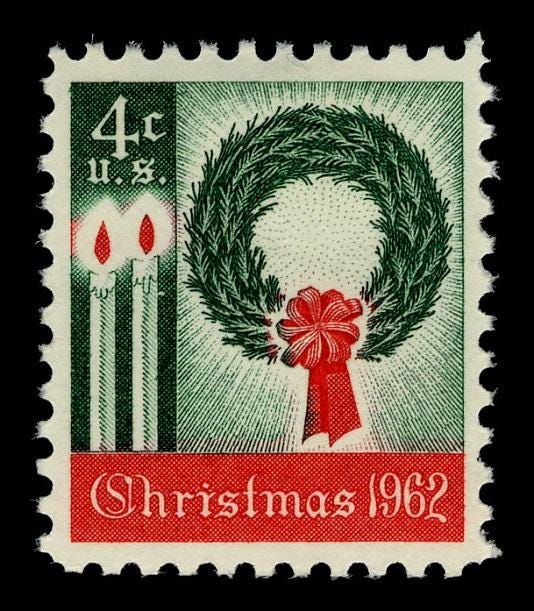 売約9189 外国切手 アメリカ 1962年クリスマスリース リボン ろうそく 1962年クリスマスリース 初代クリスマス切手 4セント 未使用切手 25枚
