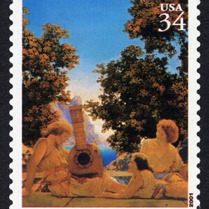 May include: A 2001 USA 34-cent postage stamp featuring a Maxfield Parrish painting of three figures in light-colored clothing resting on a terrace with a guitar, set against a backdrop of dark green trees and a bright blue sky.