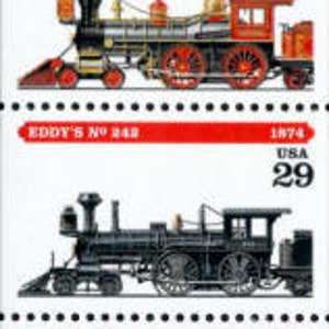 Puede incluir: Una tira de sellos postales con locomotoras de vapor antiguas. Cada sello muestra un diseño de locomotora diferente, con nombres como "Hudson's General" y "McQueen's Jupiter", junto con el año y la marca "USA 29".
