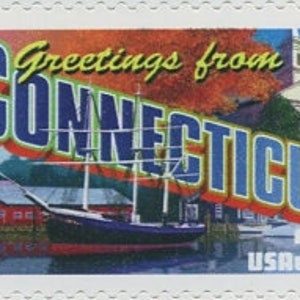 May include: A vintage-style postcard featuring a colourful illustration of a sailboat docked in a harbour with red buildings and a church in the background. The text "Greetings from CONNECTICUT" is printed in blue and red letters. The stamp reads "USPS 34" and the year "2002" is printed in the bottom left corner.