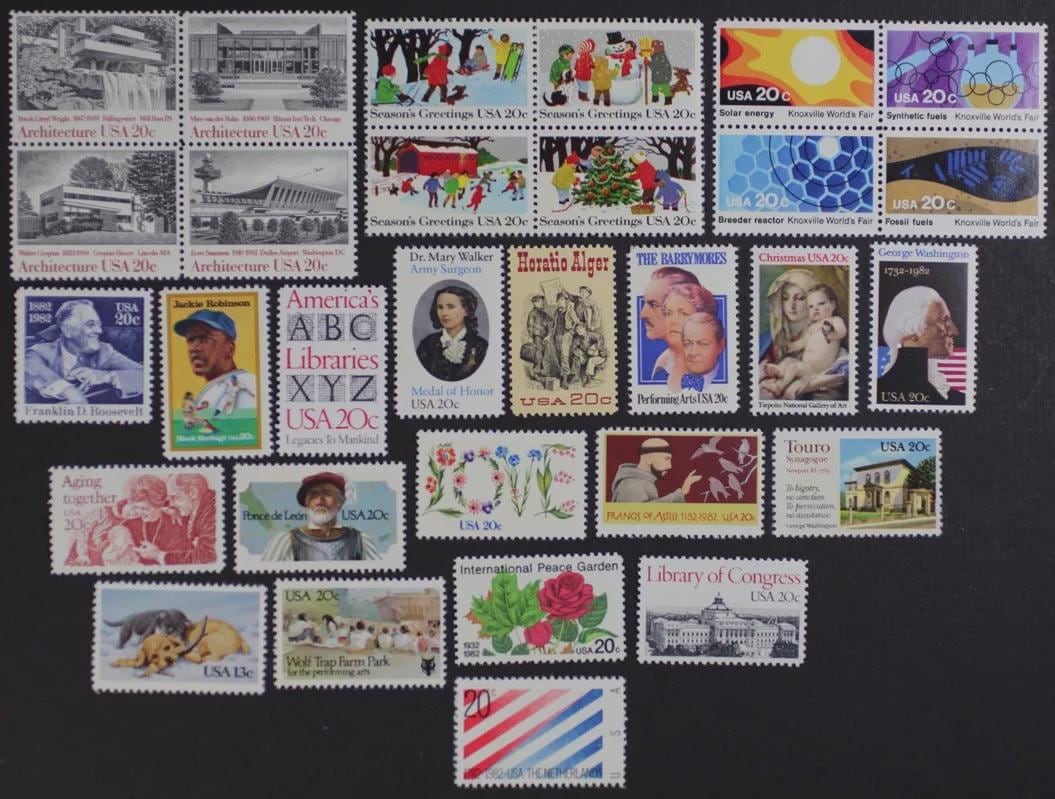 米国1982年未使用切手30種類送料無料！ヴィンテージ切手の最安値No.1