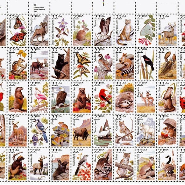 WILDLIFE Set of 50 Different American Wildlife 1987 22c Unused Postage Stamp. Free Shipping! #1 Source. Best prices on Vintage stamps