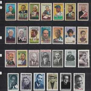 以下が含まれることがあります： 黒人歴史上の著名人の肖像画が描かれた切手のコレクション。様々な色とサイズの切手には「Black Heritage USA」の文字が印刷されています。ハリエット・タブマン、マーティン・ルーサー・キング・ジュニアなどの切手が含まれています。