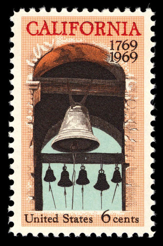 20x CALIFORNIA Mission Bells Los Angeles San Diego 1969 6c Unused
