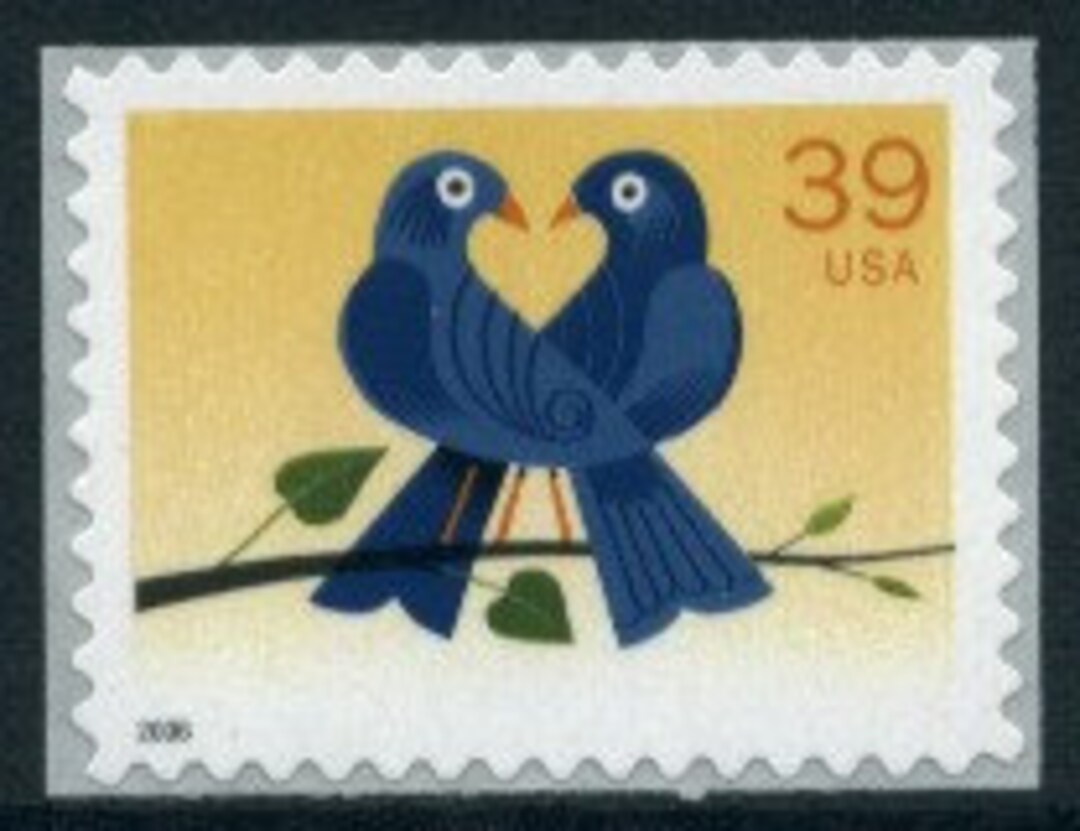 5x LOVEBIRDS True Blue 39c Unused Vintage Postage Stamp. Free Shipping