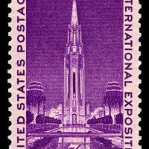May include: A purple 3-cent postage stamp featuring a depiction of the Golden Gate International Exposition in San Francisco, California. The stamp shows a tower with a spire, surrounded by trees and a reflecting pool. The text "Golden Gate International Exposition" and "United States Postage" are printed on the stamp.